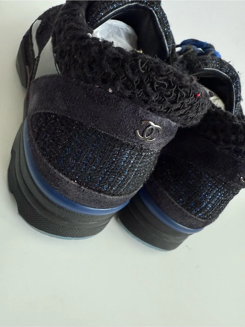CHANEL CC Tweed Leather Black Navy Trainers Sneakers Shoes